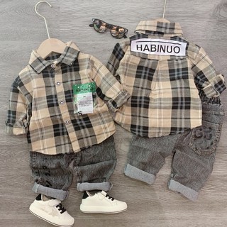 Set bé trai qccc áo sơ mi kẻ đen be + quần bò