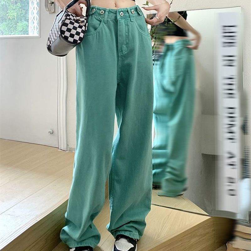 ▲Quần Jean Ống Rộng Lưng Cao Màu Xanh Lá Phong Cách Mỹ Cổ Điển Thời Trang Mùa Hè Hàng Mới Dành Cho Bạn Nữ
