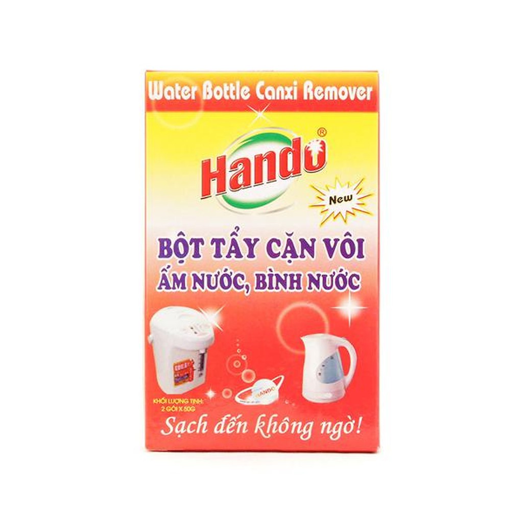 Hộp 2 gói bột tẩy cặn canxi cây nước ấm đun nước bình nóng lạnh Hando 150g