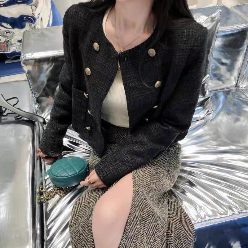 Áo khoác dạ tweed cổ điển 2 hàng cúc retro phong cách Hàn Quốc