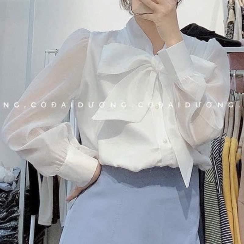 [ẢNH THẬT] Sơ Mi Voan Tơ Nơ Cổ Cúc Ngọc Vintage Tiểu Thư Đi Hcoj Đi Biển Công Sở