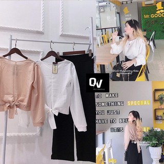 Set quần rộng áo nơ áo von lụa quần đũi dầy mát mịn - HÀNG XỊN - SHOP Q&V