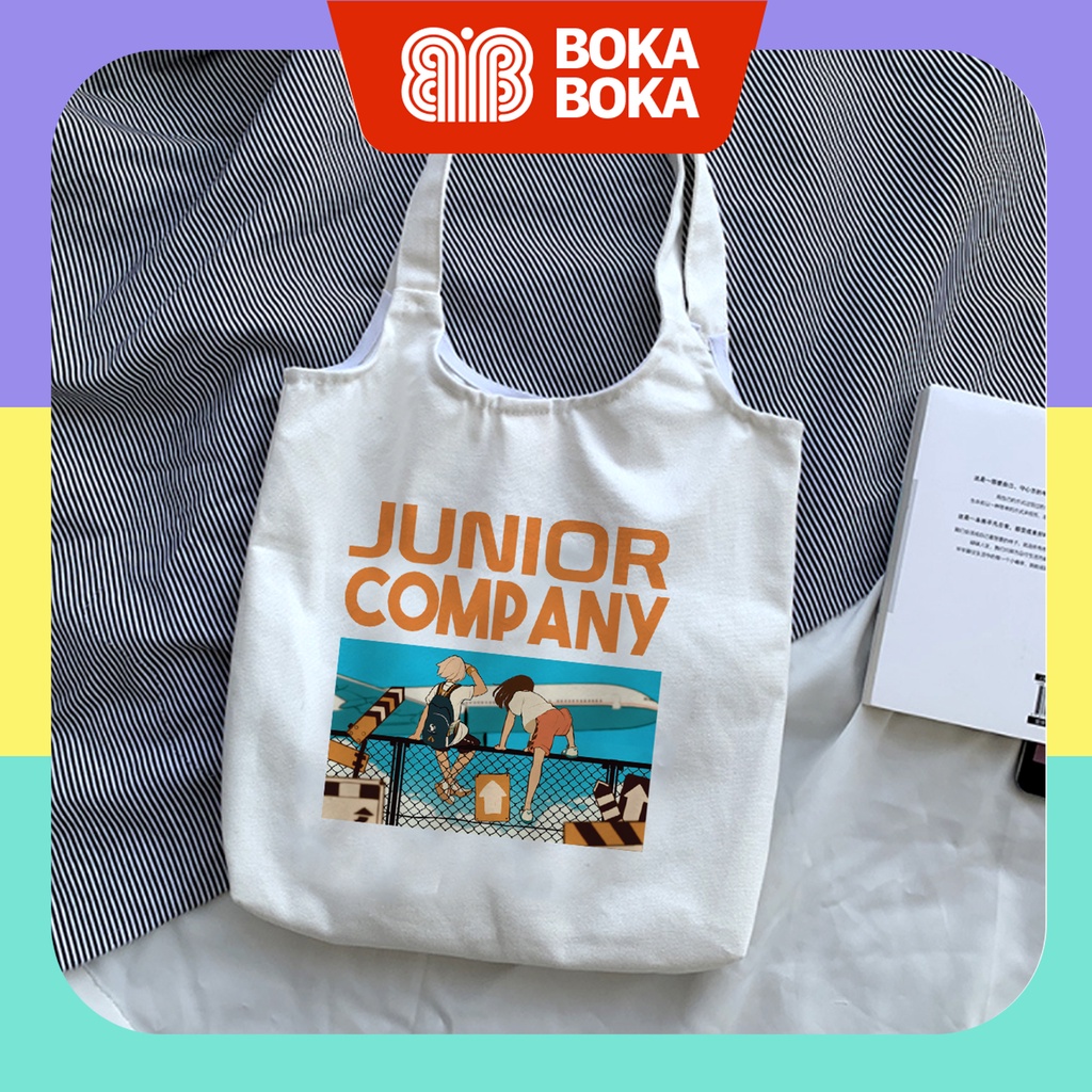 Túi Tote Vải Canvas In Hình Junior Company Có Khóa Miệng Túi