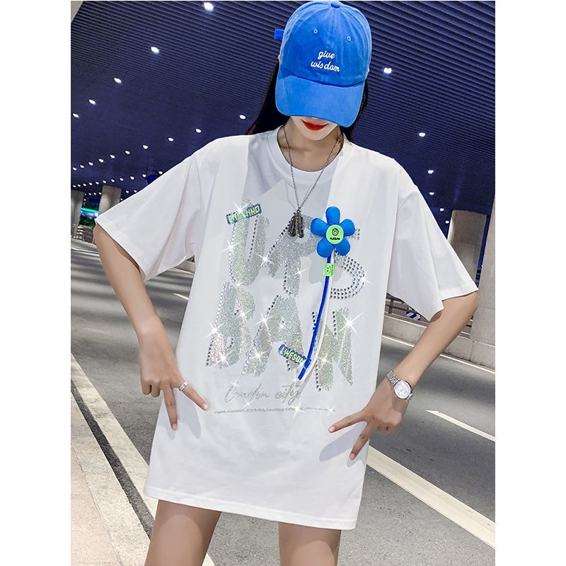 Áo Thun Nữ Ngắn Tay Cổ Tròn Đính Đá Xanh Dương