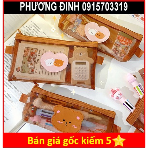 Hộp bút lưới, túi đựng bút trong suốt, bóp viết Gấu nâu dễ thương