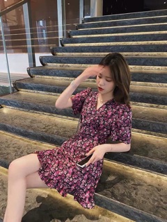 Đầm xoè hoa đỏ, tím đắp chéo đuôi cá (ảnh thật)