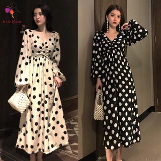 LC Vintage Style Polka Dot Pattern High Waist Dress Fashion Sexy V-neck Long Sleeves Women's Dress