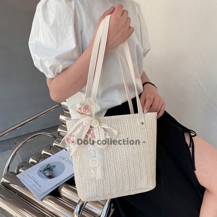 [NowShip2h] Túi Cói Kẹp Nách (Túi Xách Đeo Vai) Phối Dây Da &amp; Nơ Ren Hoa Thời Trang Đi Biển - Mã XT054