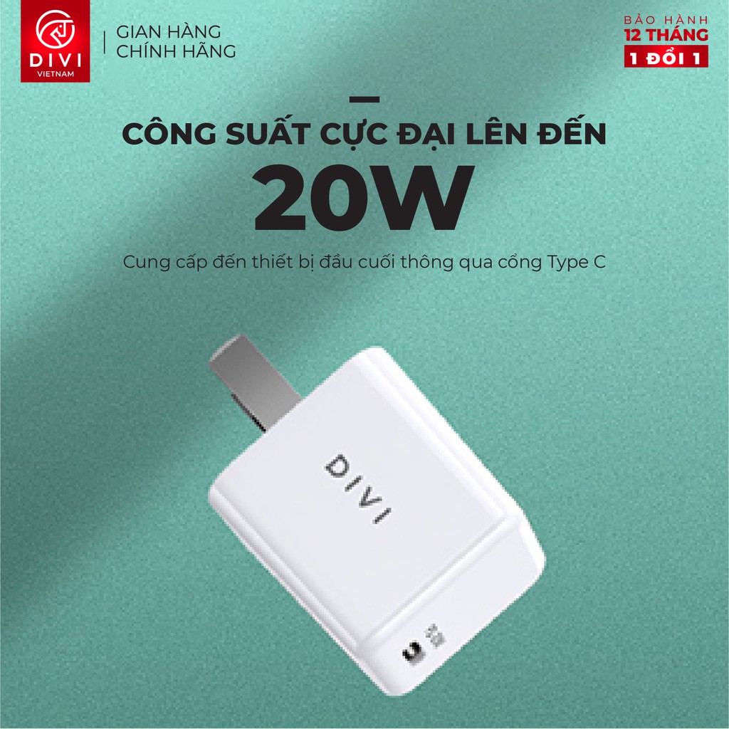 Củ sạc nhanh DIVI P2230 Sạc nhanh PD, QC 3.0 Công suất 20W Cổng sạc Type C - Hãng phân phối chính thức 1 đổi 1