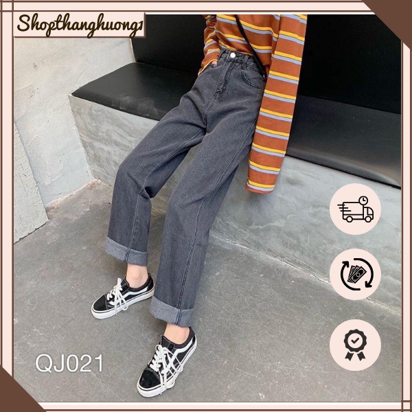 Quần jean ống rộng xám khói trơn suông dài cao cấp
