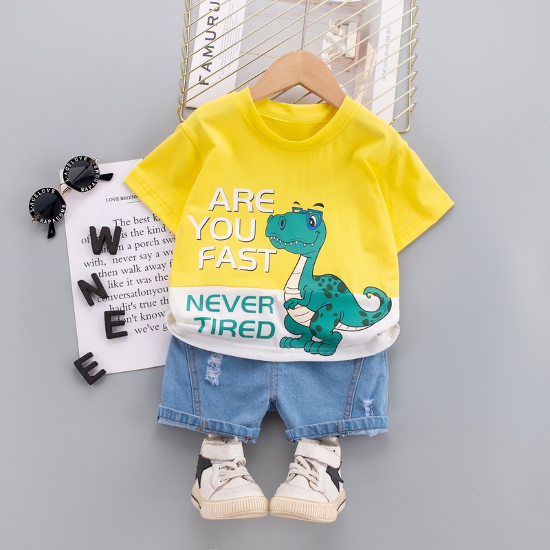 Bộ Áo Thun cotton + Quần Short denim In Họa Tiết Khủng Long Hoạt Hình Thời Trang Mùa Hè Cho Bé 0-6 Tuổi
