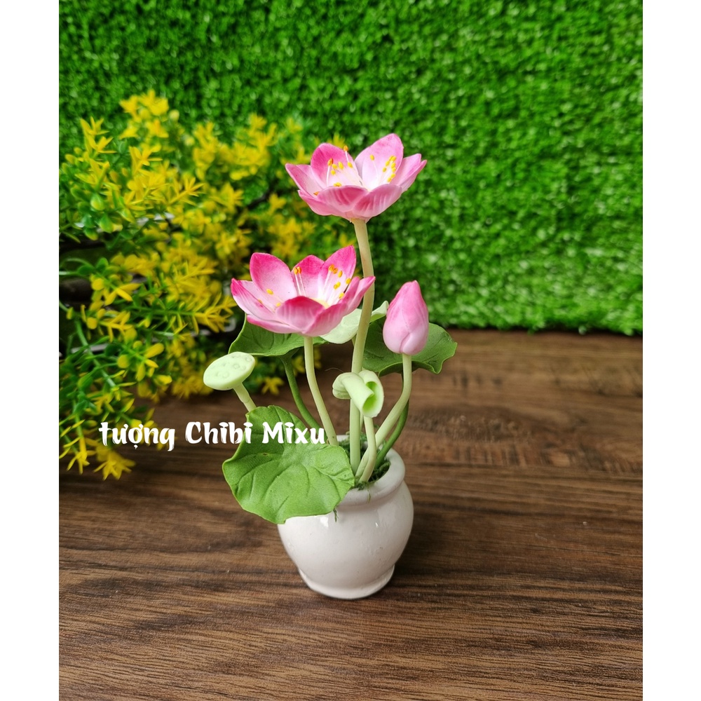 Chậu hoa sen hồng bằng đất sét Nhật y hình