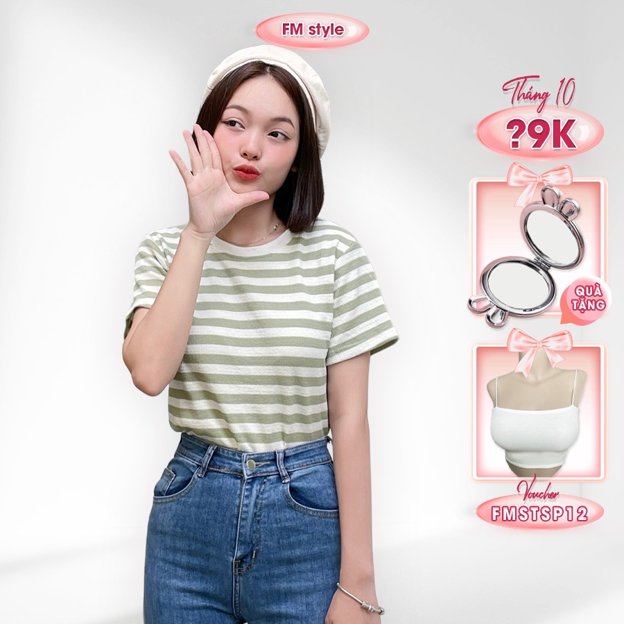 Áo thun nữ FM Style form rộng cổ tròn phối viền sọc ngang thời trang basic phong cách Hàn Quốc 208290108