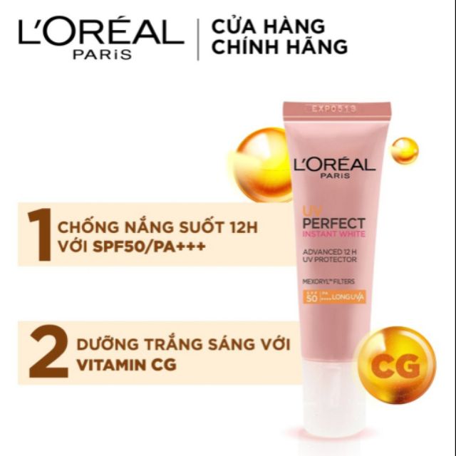 Kem chống nắng dưỡng da trắng sáng tức thì L'Oreal UV Perfect Instant White SPF50 PA++++ 15ml.