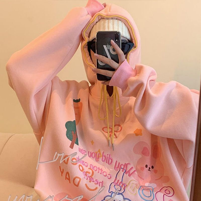 (ORDER) Áo hoodie in hình hoạt hình cartoon áo nỉ học sinh màu hồng cam ulzzang Hàn có size
