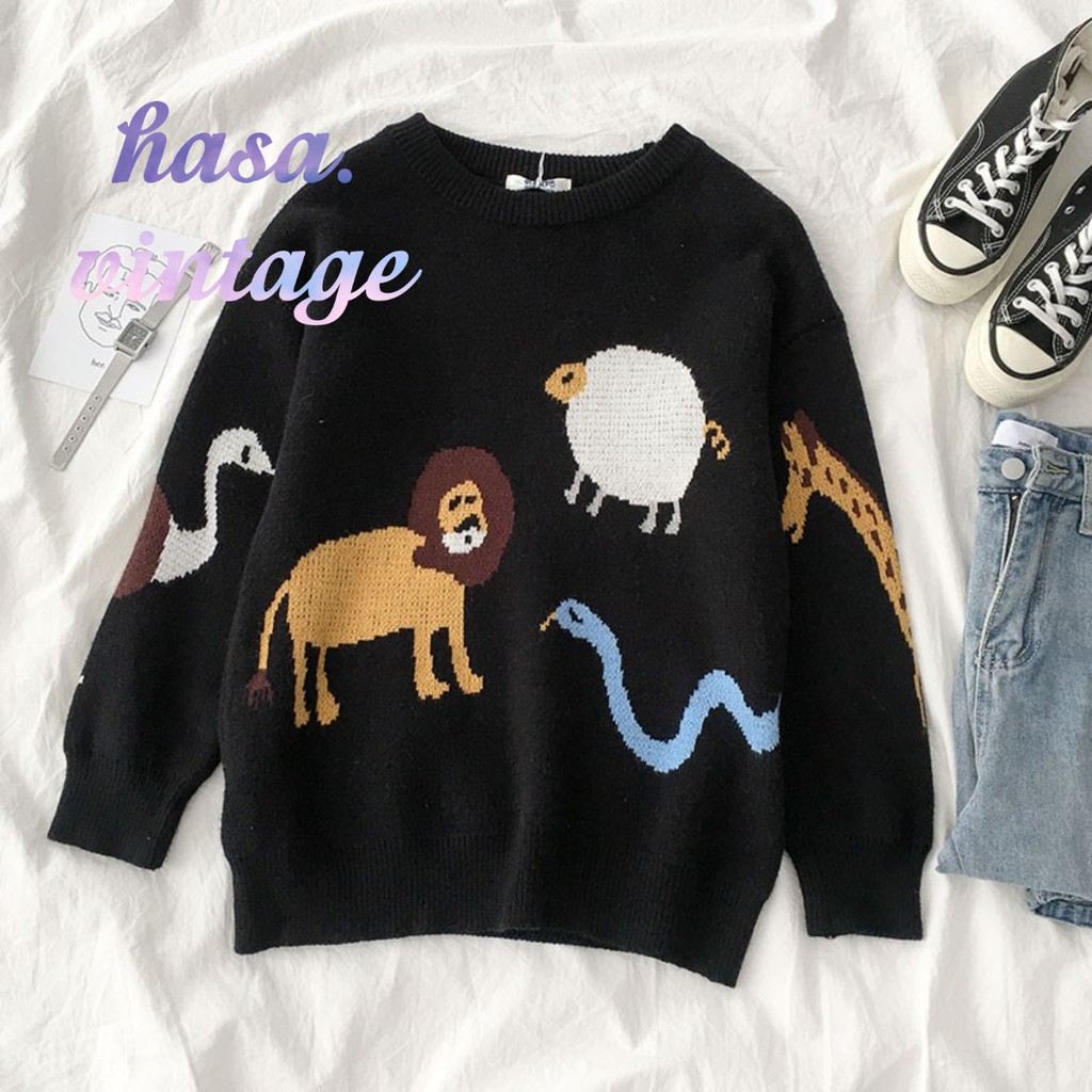 🌿 Áo len đen đan hình thú dáng rộng ulzzang 🔥