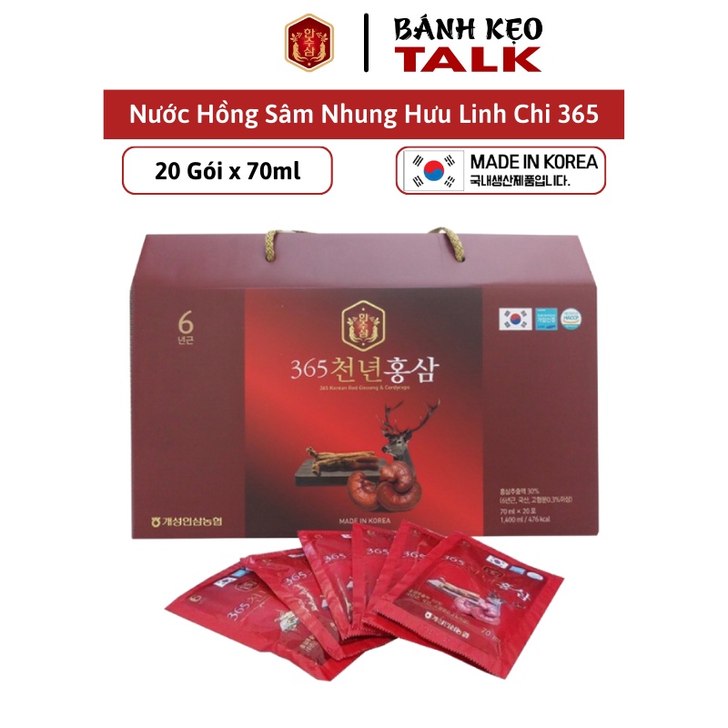 Nước Hồng Sâm Linh Chi Nhung Hươu 365 Hansusam Korea Hàn Quốc , Hộp 20 Gói X 70Ml/ Gói. (25/10/2026)
