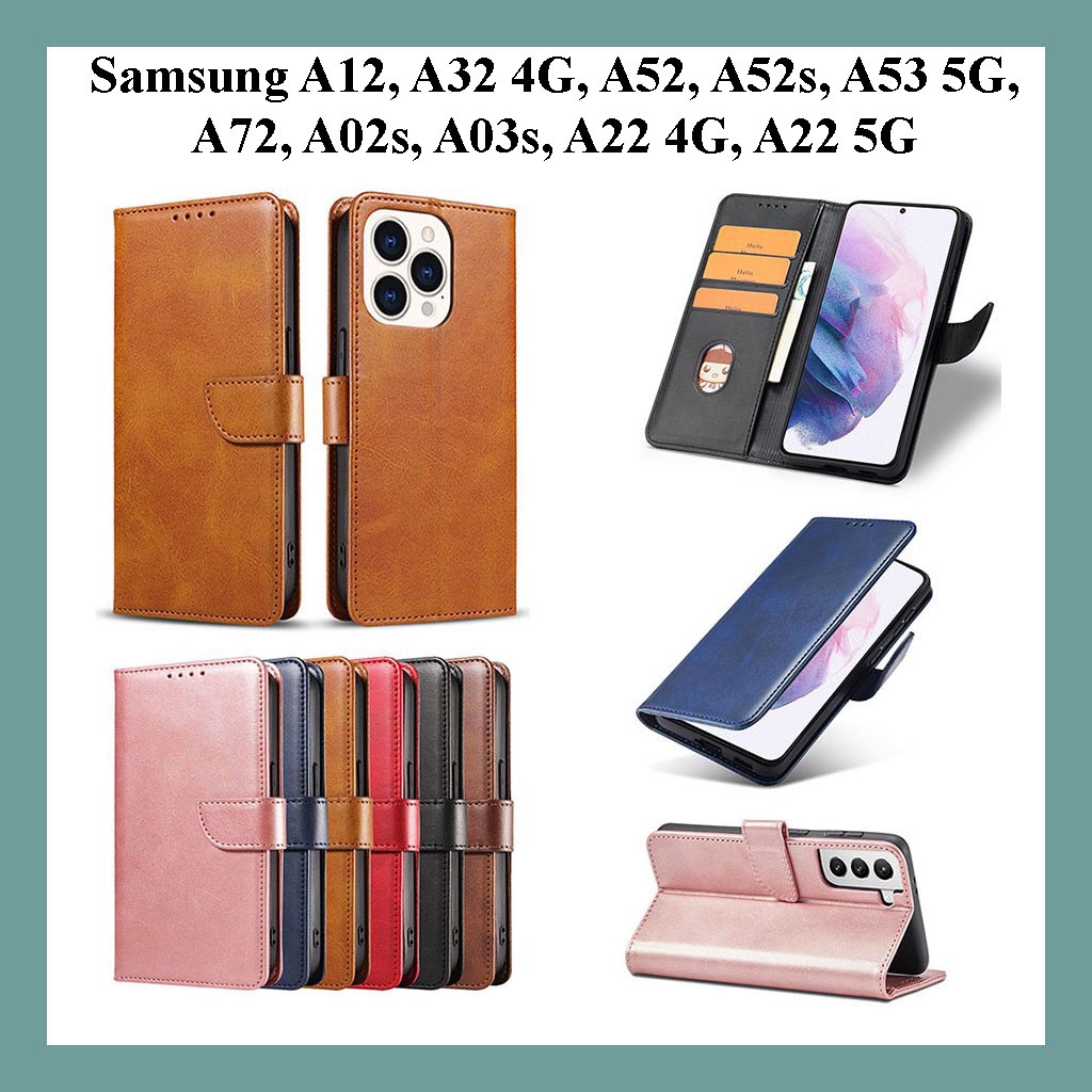Bao da Samsung A12, A32 4G, A52, A52s, A53 5G, A72, A02s, A03s, A22 4G, A22 5G dạng ví nắp gập, có nút cài nam châm