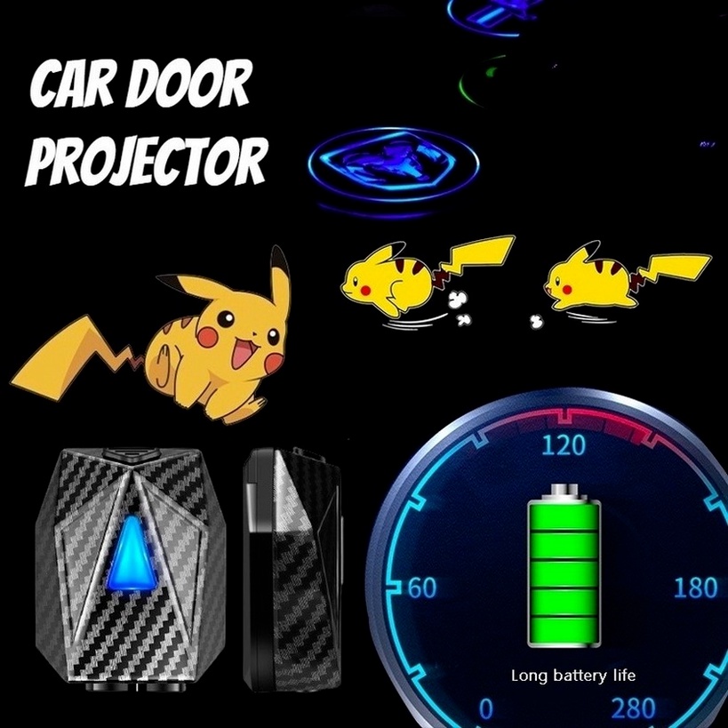 Đèn LED laser không dây chiếu trang trí cửa họa tiết pikachu/vịt hoạt hình dành cho xe hơi