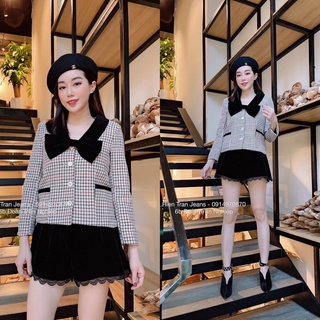 SALE Áo dạ tweed kẻ cổ nơ chuẩn NT closet khuy trắng như mẫu mặc (sẵn)