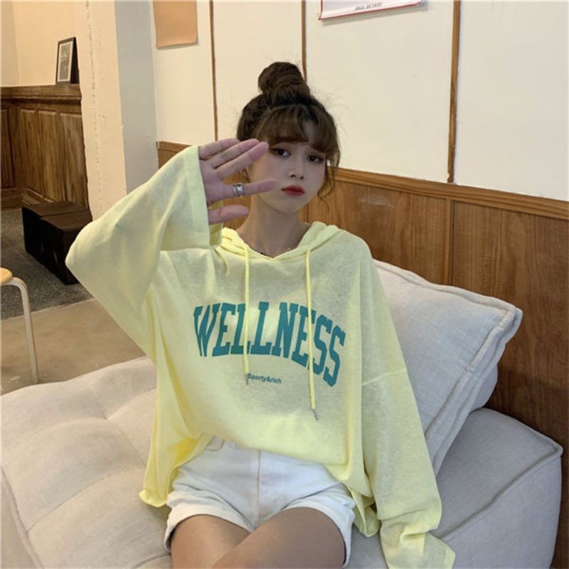 (ORDER) Áo thun hoodie trơn màu dài tay in chữ Wellness các màu pastel siêu dễ thương