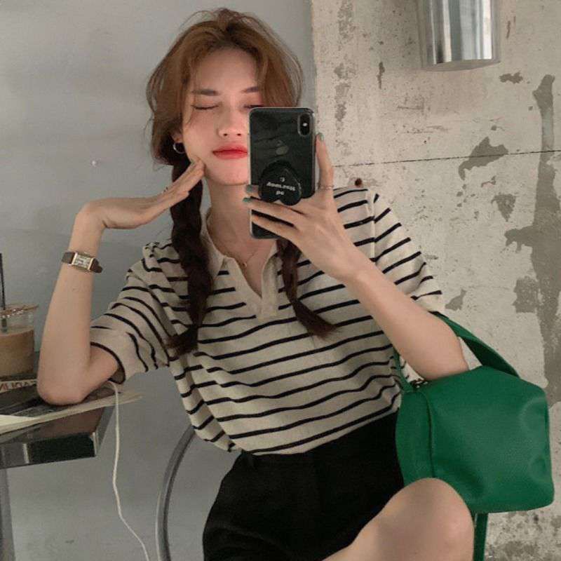 Áo Dệt Kim Tay Ngắn Cổ Chữ V Hoạ Tiết Kẻ Sọc Cho Phái Nữ 38-60kg | BigBuy360 - bigbuy360.vn