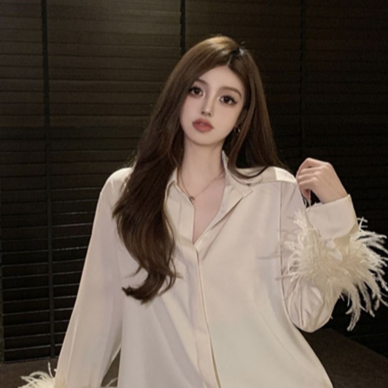 Cổ Phiếu Sẵn Sàng❤Ah F &amp; X Áo Sơ Mi Satin Phối Lông Xù Phong Cách Nữ Thần Cá Tính Thời Trang 2022