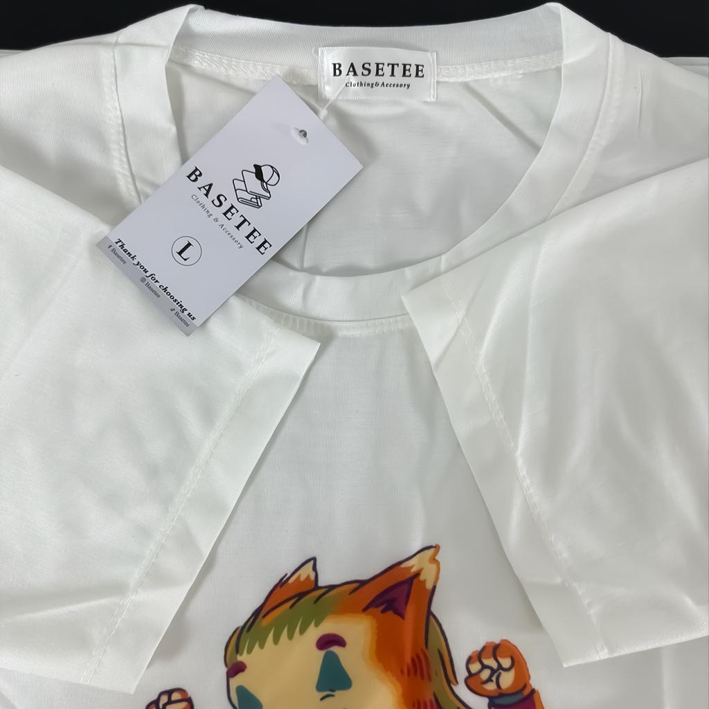 Áo thun trắng Basetee in hình Joker Cat tay ngắn form rộng Unisex