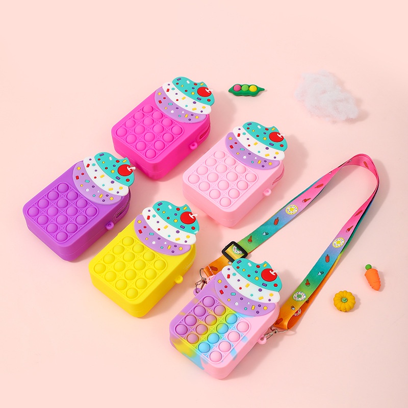 Pop it Fidget Túi đeo vai,Chất liệu silicone,thiết kế kem, Đồ chơi 2 trong 1 Push Bubble Silicone Đồ chơi, Quà sinh nhật cho trẻ em