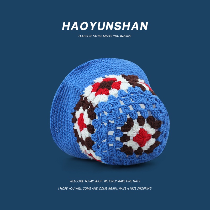 Mũ Bucket Đan Len Thủ Công Thoáng Khí Màu Sắc Tương Phản Phong Cách Nhật Bản Cho Nữ