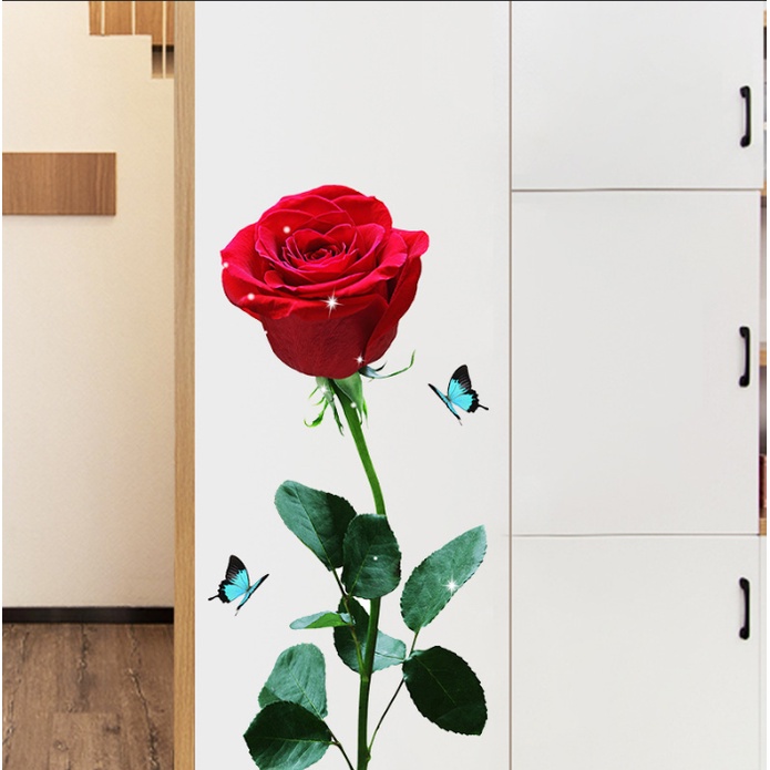 Decal giấy dán tường - mẫu Hoa Hông gai sắc đỏ rực rỡ
