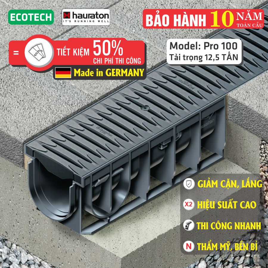 Cống thoát nước lắp ghép HAURATON Pro100-tải trọng 12,5 Tấn: Nắp composite, 4 kích thước, Nhập khẩu ĐỨC