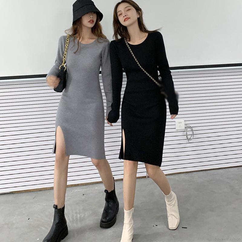 Đầm Tay Dài Cổ Tròn Dáng Ôm Xẻ Tà Quyến Rũ Cho Nữ
