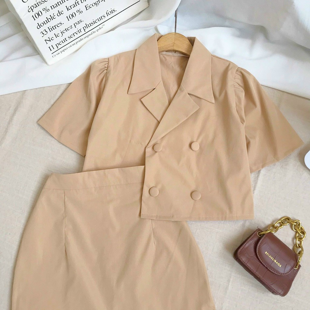 Set đồ nữ áo croptop dạng vest tay ngắn + chân váy đuôi cá 🎉FREESHIP🎉 màu kem nền nã, kiểu dáng đẹp, lịch sự, tôn dáng