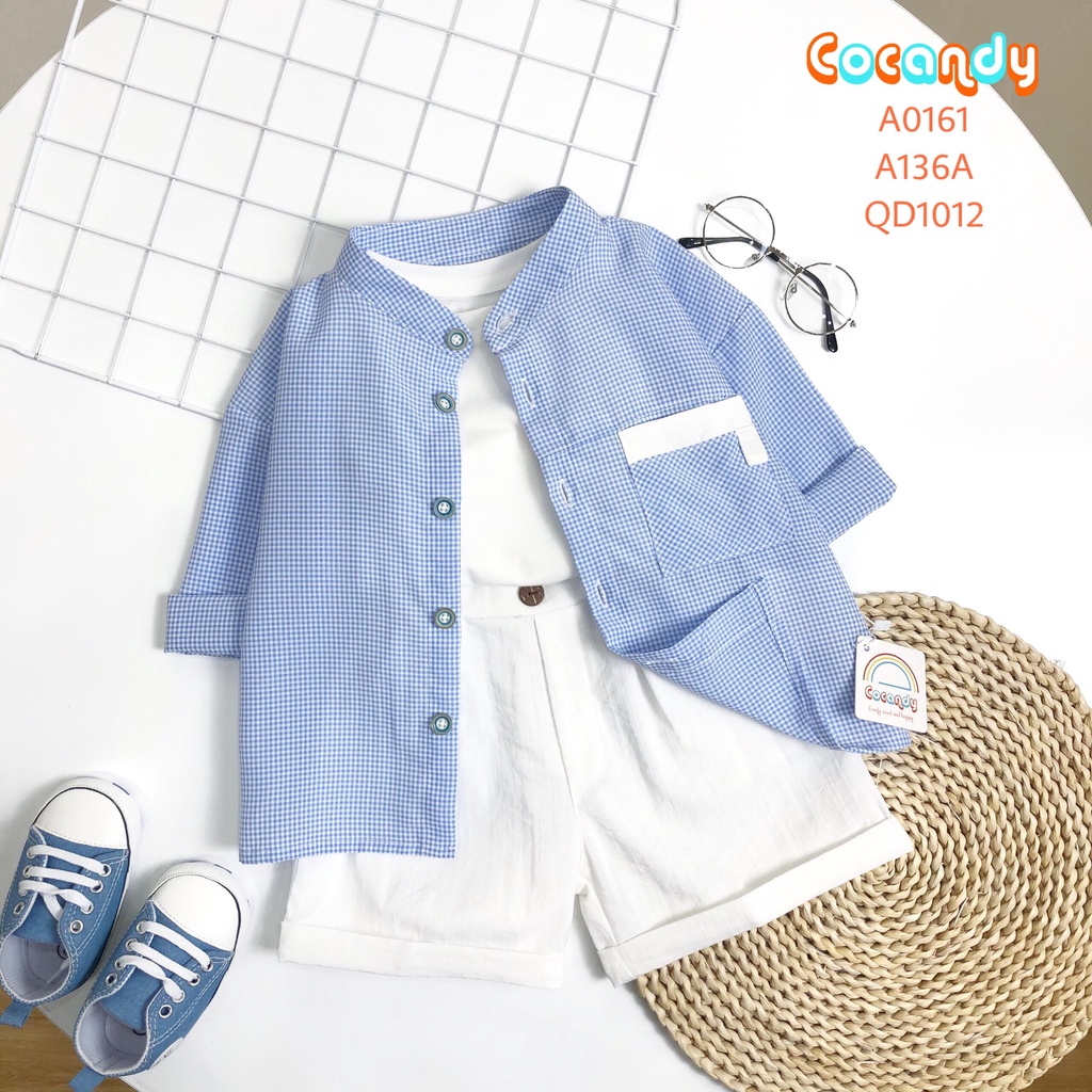 Set đồ cho bé- Áo sơ mi dài tay caro XANH, áo thun và quần cộc trắng cho bé của COCANDY mã A0161, A136A, QD101200