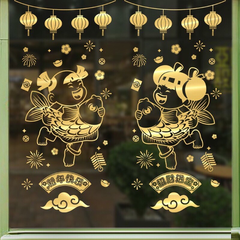 Decal dán Tết ÁNH VÀNG - ĐỎ TRAI GÁI CƯỠI CÁ CHÉP LẤP LÁNH CAO CẤP LOẠI 1