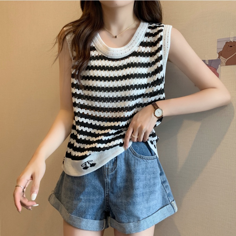 Áo thun ZHELIHANGFEI dệt kim không tay họa tiết cherry kẻ sọc thời trang xinh xắn