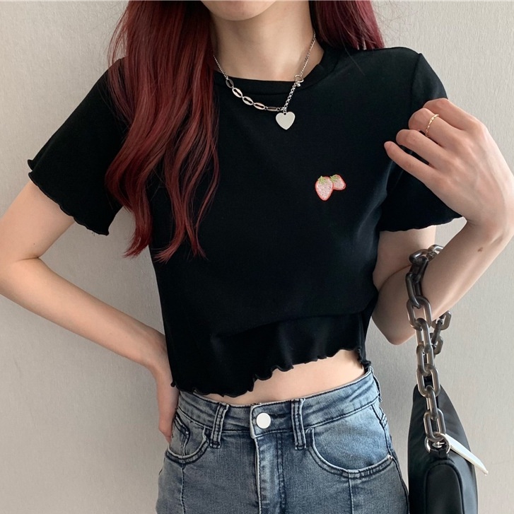 Áo Thun Tay Ngắn Hở Rốn Dáng Ôm Thêu Họa Tiết Thời Trang Mùa Hè Xinh Xắn Cho Nữ