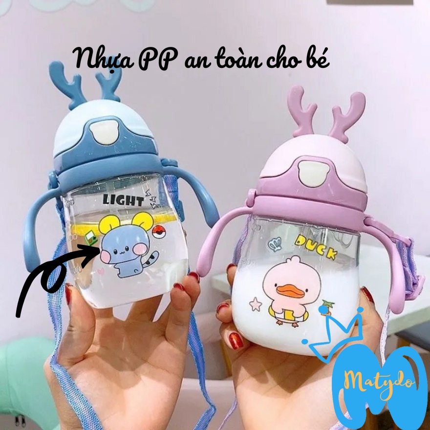 Bình nước cho bé hươu 370ml có quai đeo nắp bật ống hút mềm mại cao cấp chống sặc an toàn cho trẻ BN61