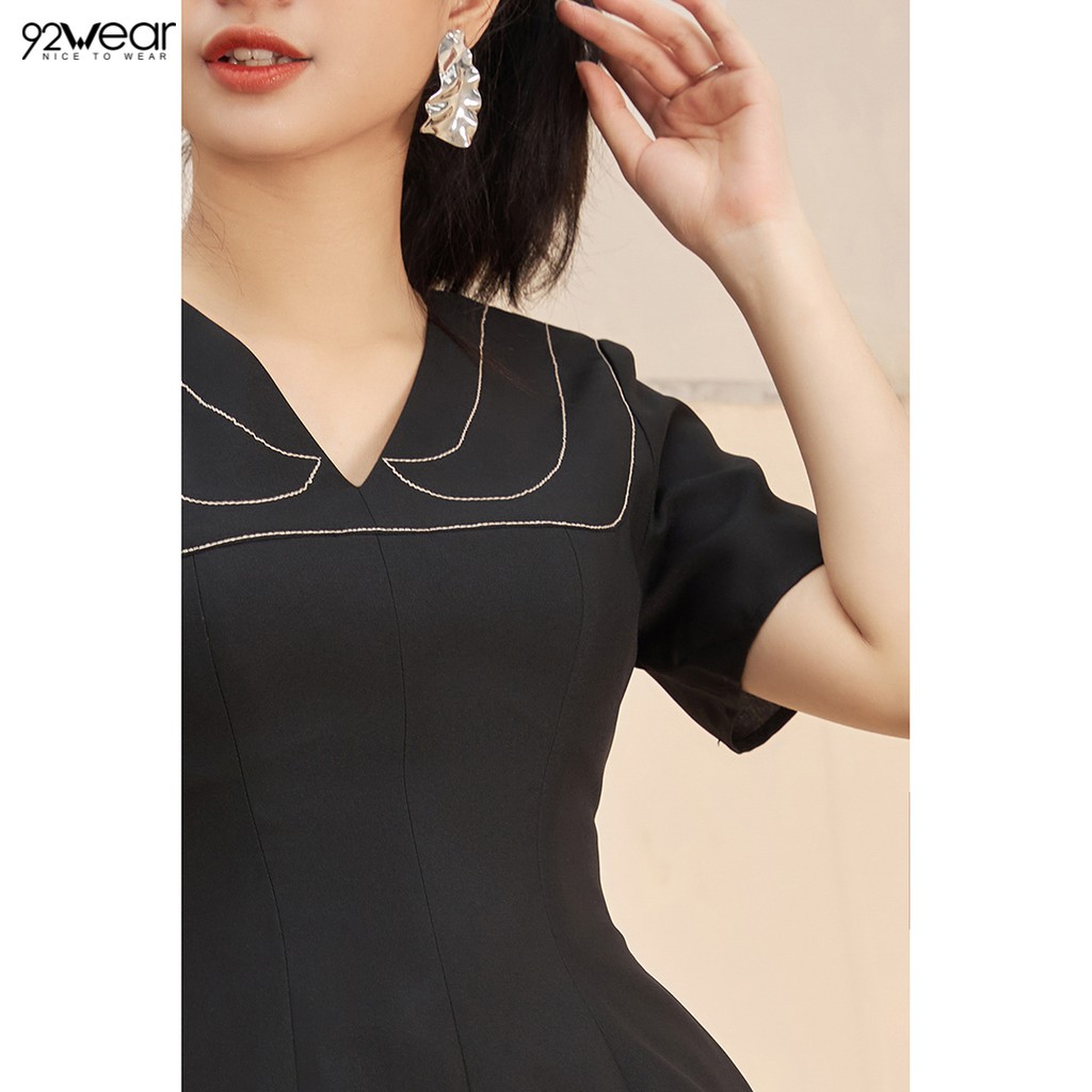 Đầm váy nữ công sở 92WEAR (2 MÀU) đủ size, dáng xòe chàn chỉ cổ DEW0891