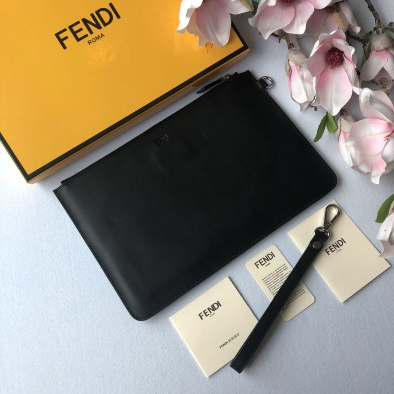 clutch cầm tay nam da thật dáng dài kéo khóa có quai cầm tay họa tiết hình đôi mắt màu vàng Fendi FD