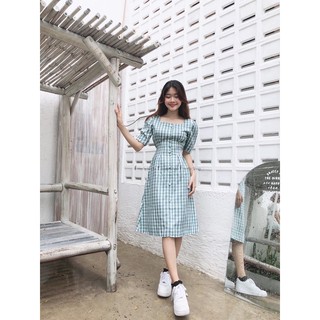 ĐẦM MIDI CỔ U PHỐI NÚT