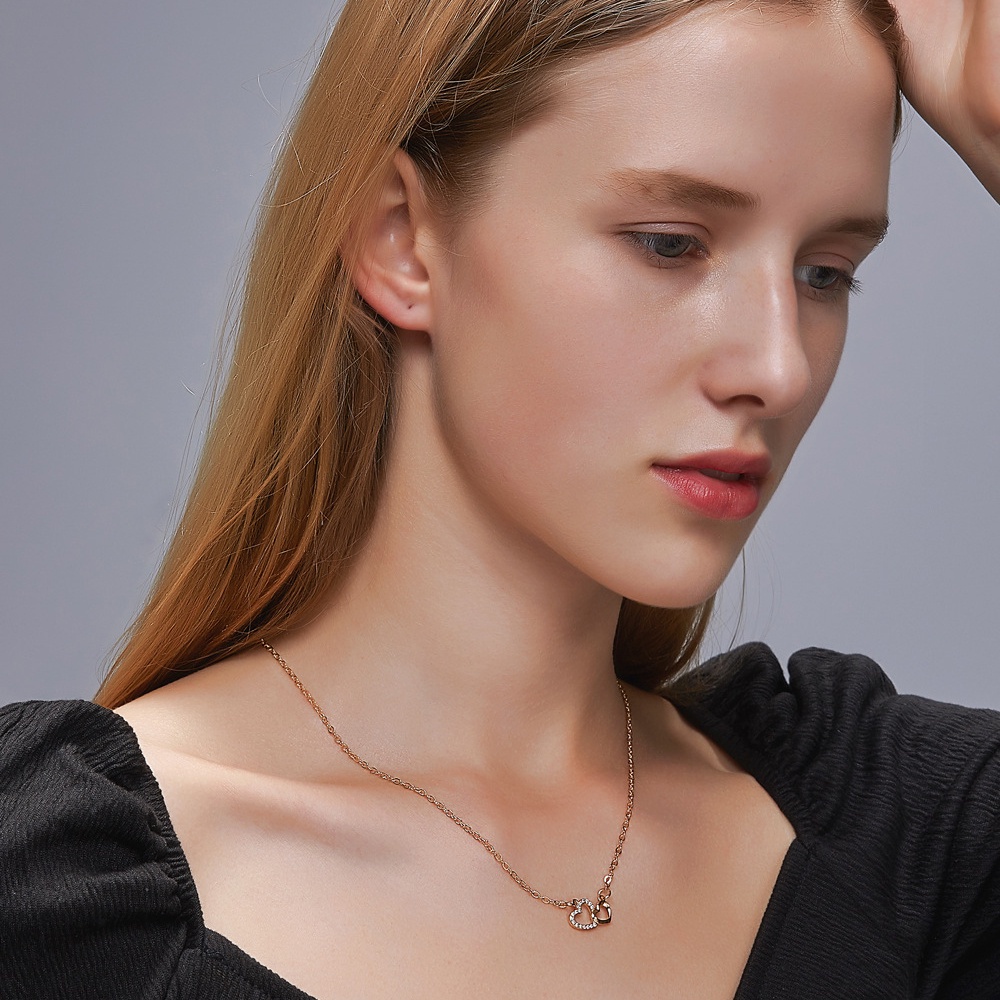 Vòng cổ Mặt Trái Tim Đôi Đính Đá Phong Cách Hàn Quốc