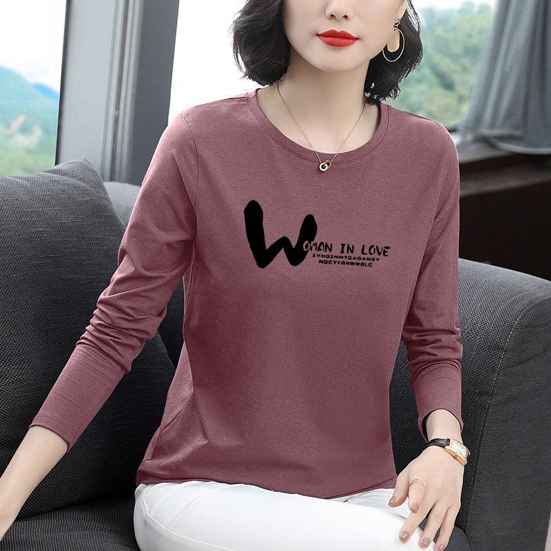 Áo thun cotton mỏng tay dài cổ tròn dáng rộng thời trang cho phụ nữ trung niên