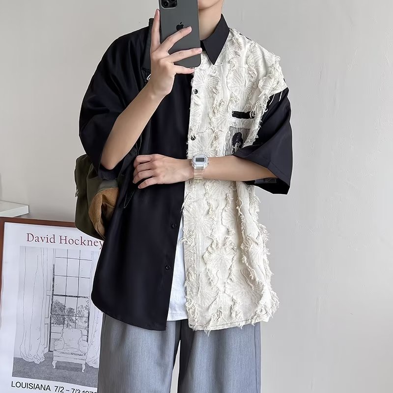 ♞AFF LIGA♞ Áo Sơ Mi Tay Ngắn Dáng Rộng Thoáng Khí Phối Màu Đen Trắng Phong Cách Hàn Quốc Thời Trang Mùa Hè Cho Nam