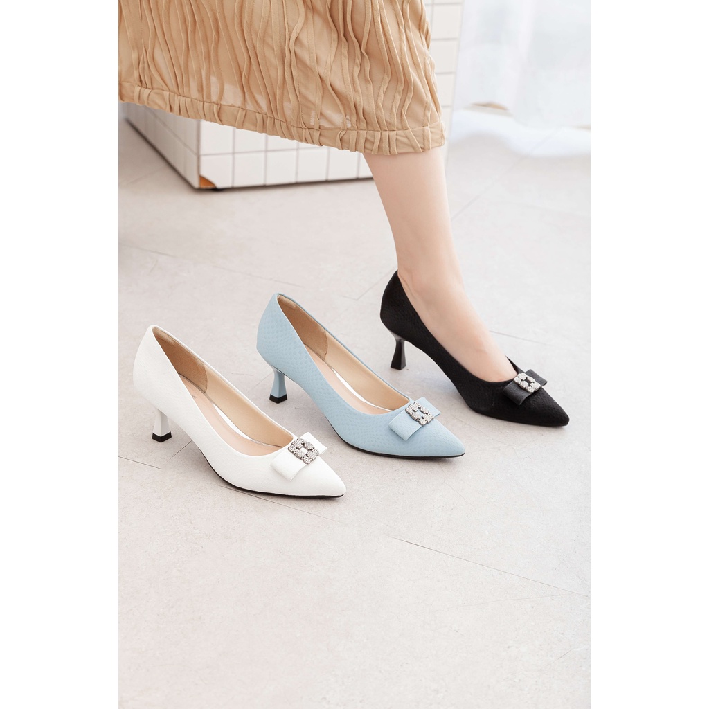 Giày Cao Gót 5cm Đính Nơ Gắn Khoá Đá Vuông R985 Pixie