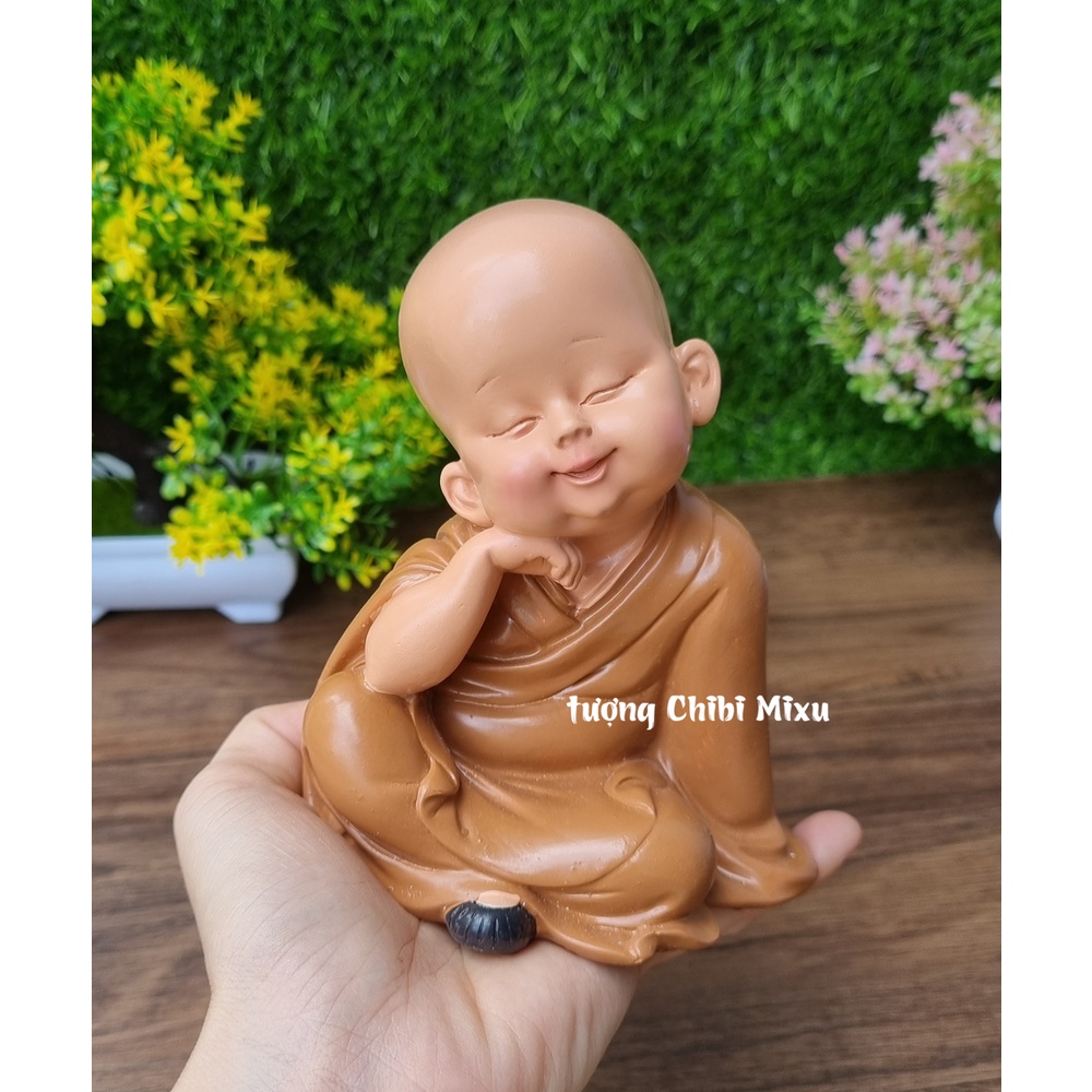 Bộ 03 tượng chú tiểu áo nâu - mẫu chú tiểu ngồi an nhiên 13.5cm