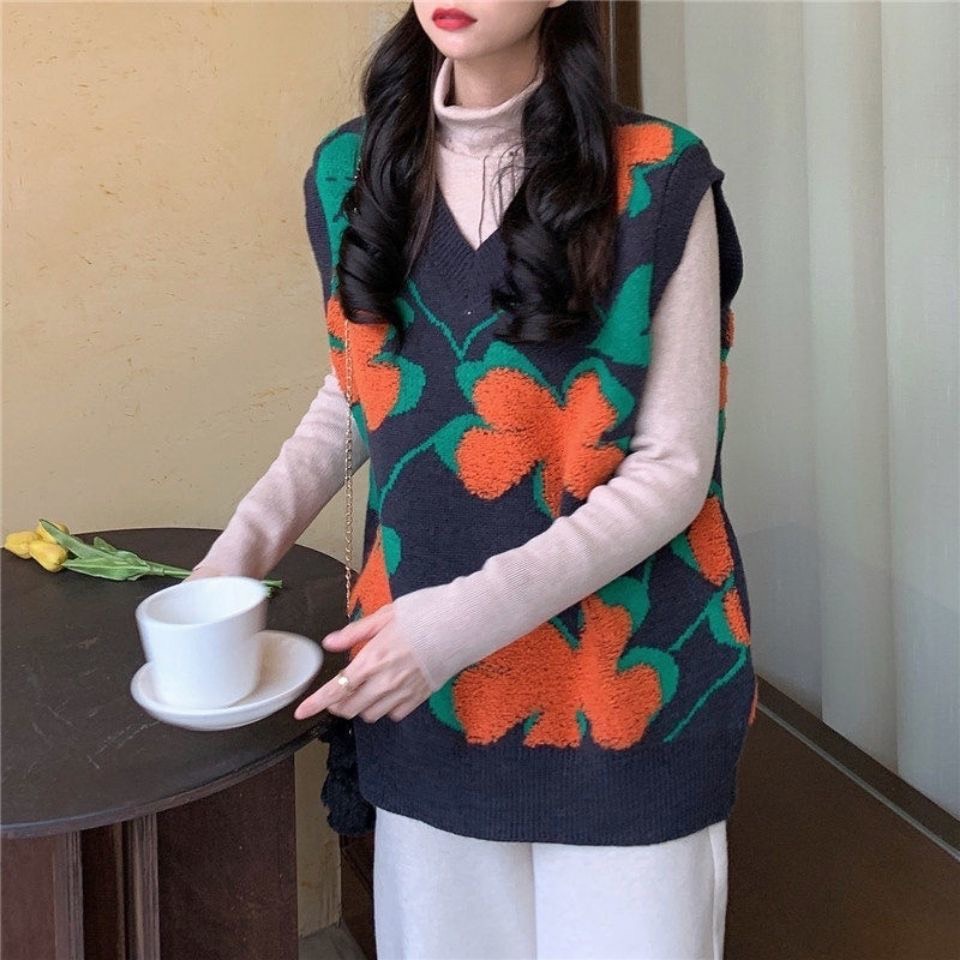 Áo Gile len nữ cổ v họa tiết hoa cam phong cách thời trang Unisex Hàn Quốc LADY SHOP M19HD | WebRaoVat - webraovat.net.vn