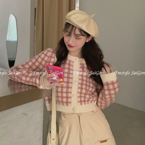 Áo len croptop dệt kim họa tiết caro tay dài cổ tròn phong cách hàn quốc 21ALU10A961902