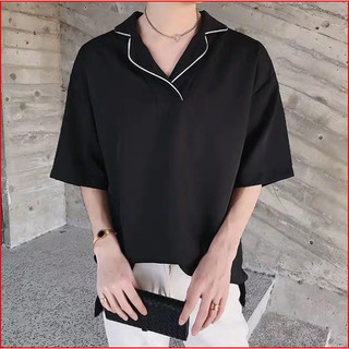 Áo sơ mi nam form rộng cổ danton phối viền - sơ mi nam chui đầu